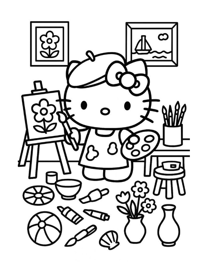 Hello Kitty Crayola Artist Illustration Coloring Page