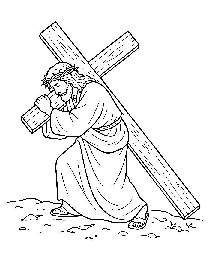 Jesus Carrying Cross, Symbol Of Sacrifice Coloring Page
