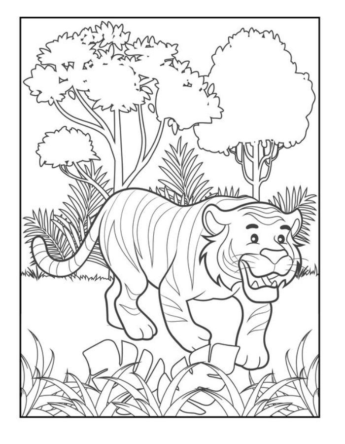 Jungle Scene With Animal Coloring Page