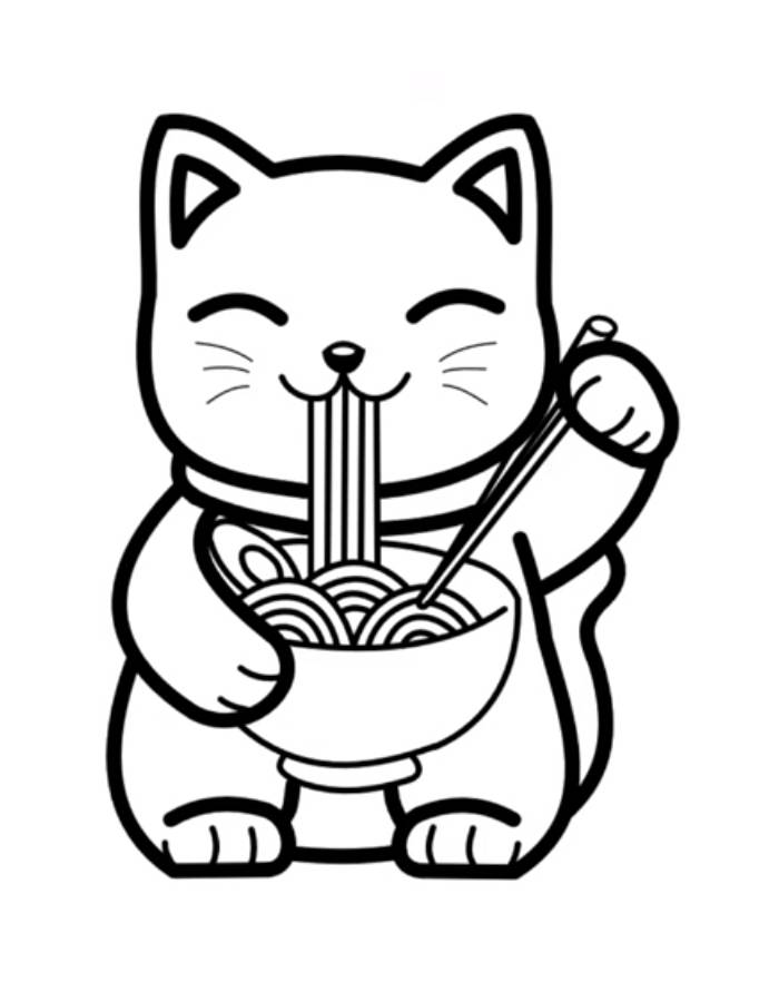 Kawaii Cat Eating Ramen Noodles Coloring Page