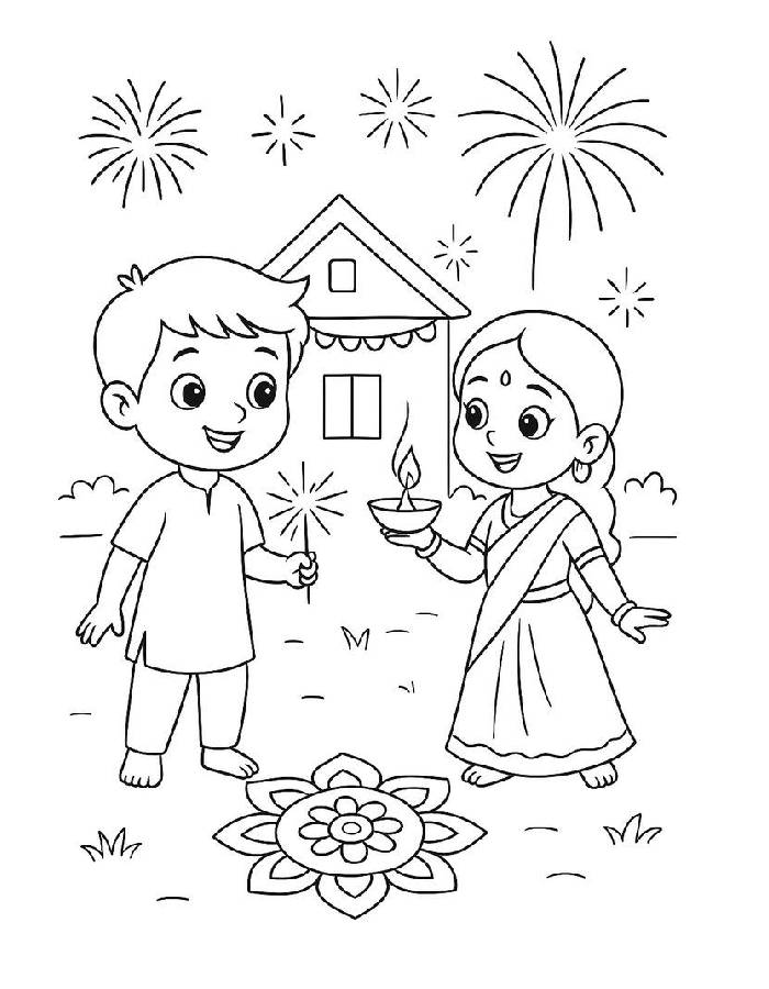 Kids Celebrating Diwali Together Coloring Page