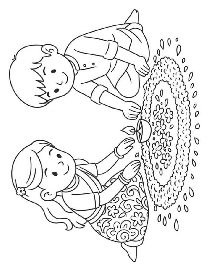 Kids Making Diwali Rangoli Coloring Page