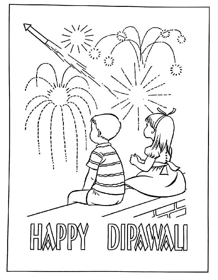 Kids Watching Diwali Fireworks Coloring Page