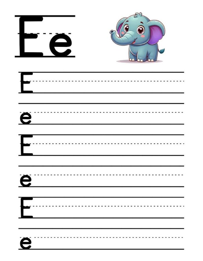 Letter E Writing Practice Worksheets Coloring Page