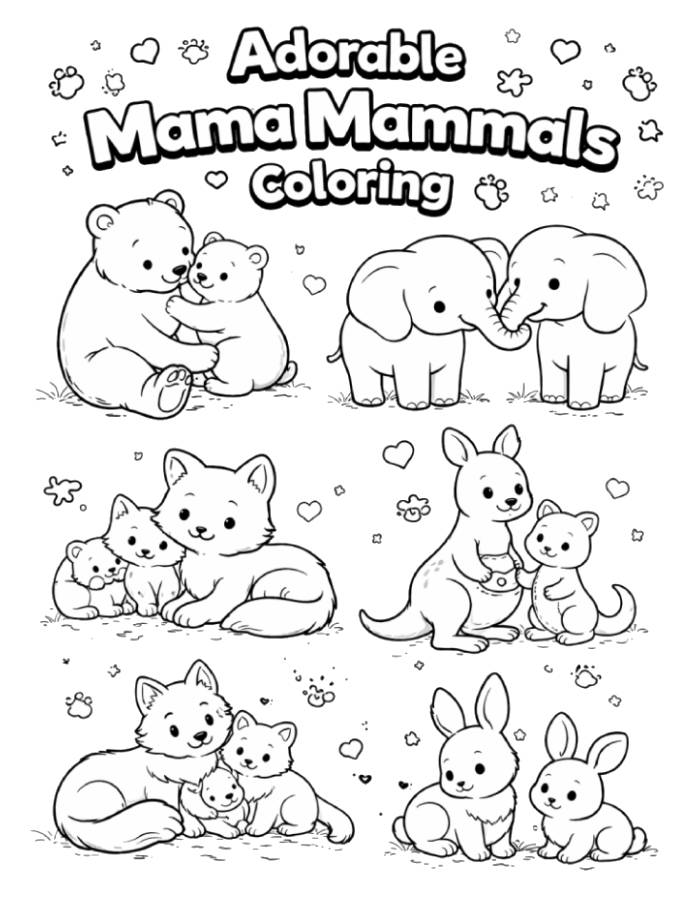 Mama Mammals With Their Babies Coloring Page