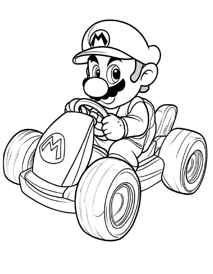 Mario Driving His Kart And Racing Through An Exciting Super Mario Adventure Coloring Page