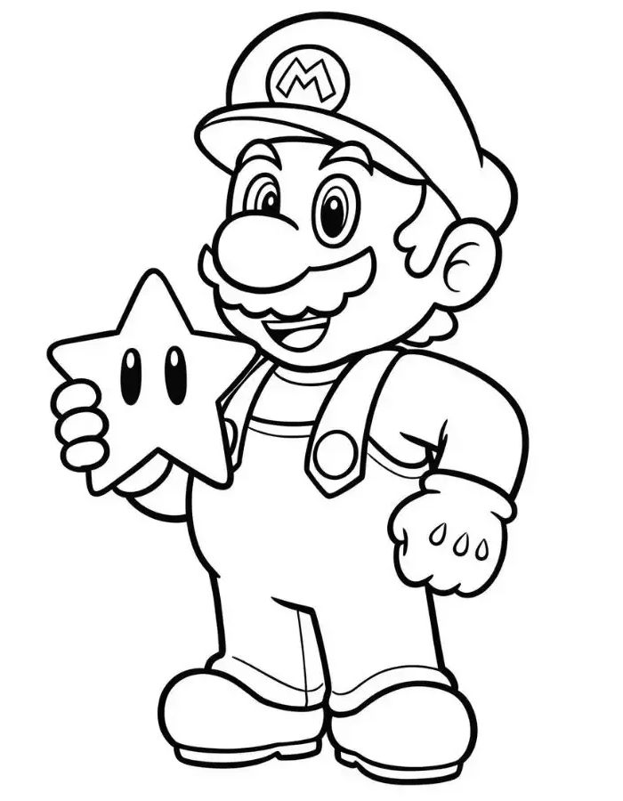 Mario Happily Holding A Super Star From Super Mario Coloring Page