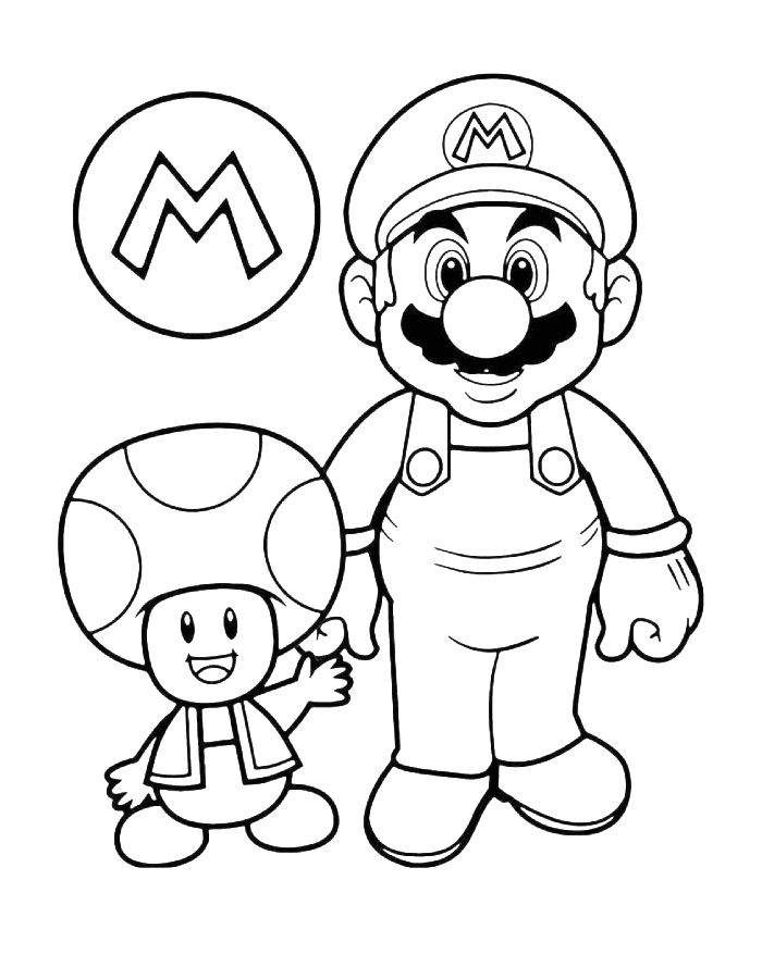 Mario Standing With Toad And The Iconic Super Mario Logo Coloring Page