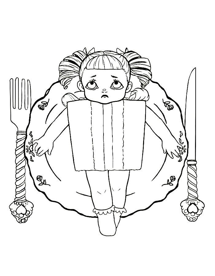 Melanie Martinez Inspired Cry Baby Doll On A Plate With Fork And Knife Coloring Page