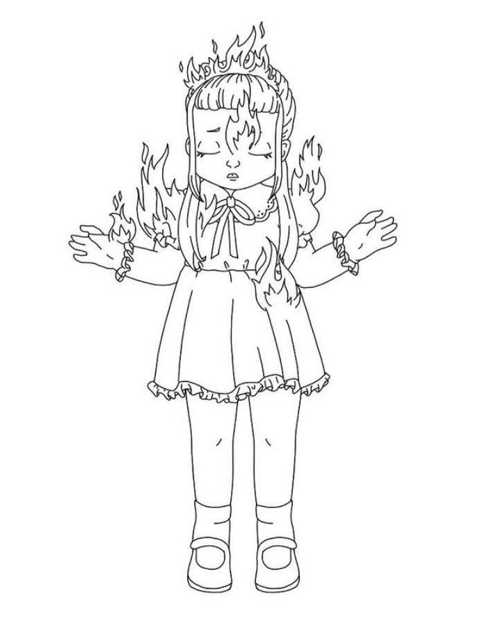 Melanie Martinez Inspired Cry Baby Doll Surrounded By Flames Coloring Page