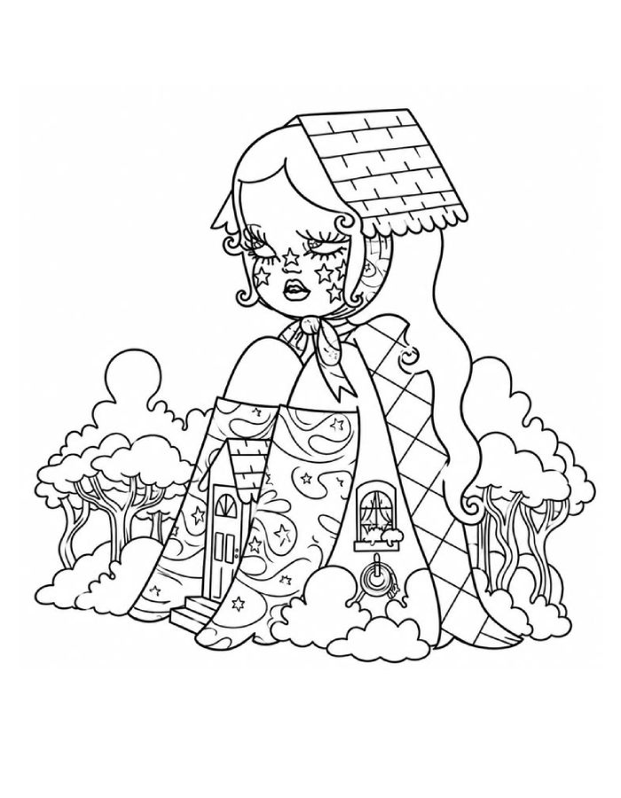 Melanie Martinez Inspired Doll With House Outfit And Magical Forest Scene Coloring Page