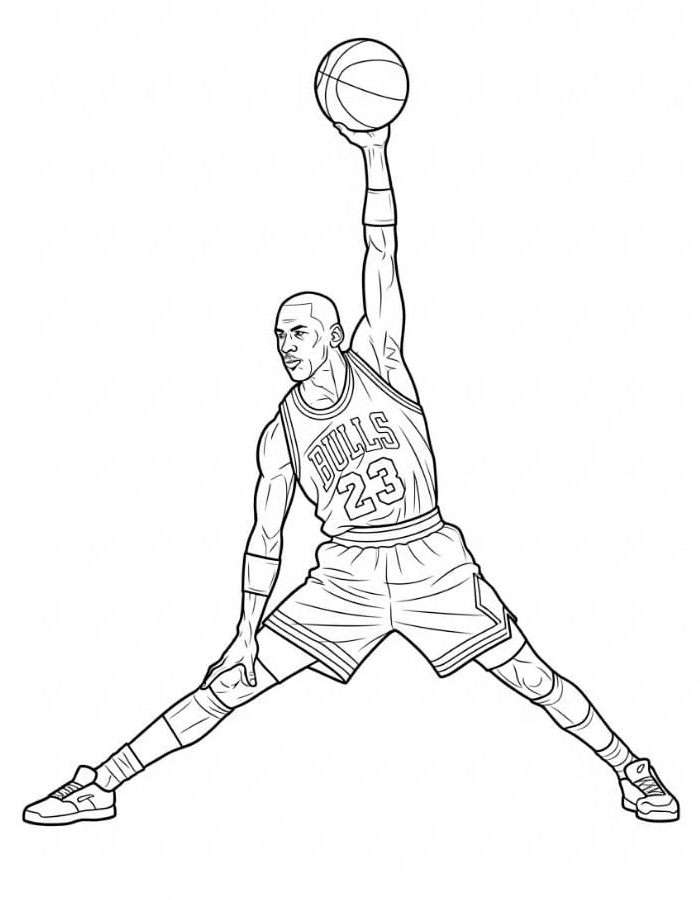 Michael Jordan Stretches High With One Arm Holding The Basketball Coloring Page