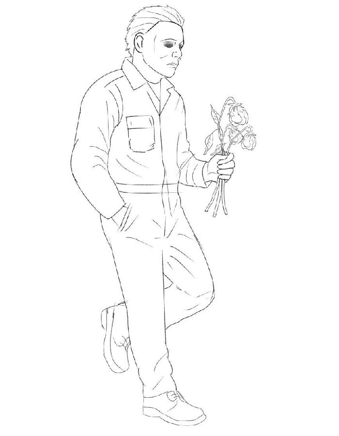 Michael Myers Silently Carries A Bouquet Of Wilted Flowers Coloring Page