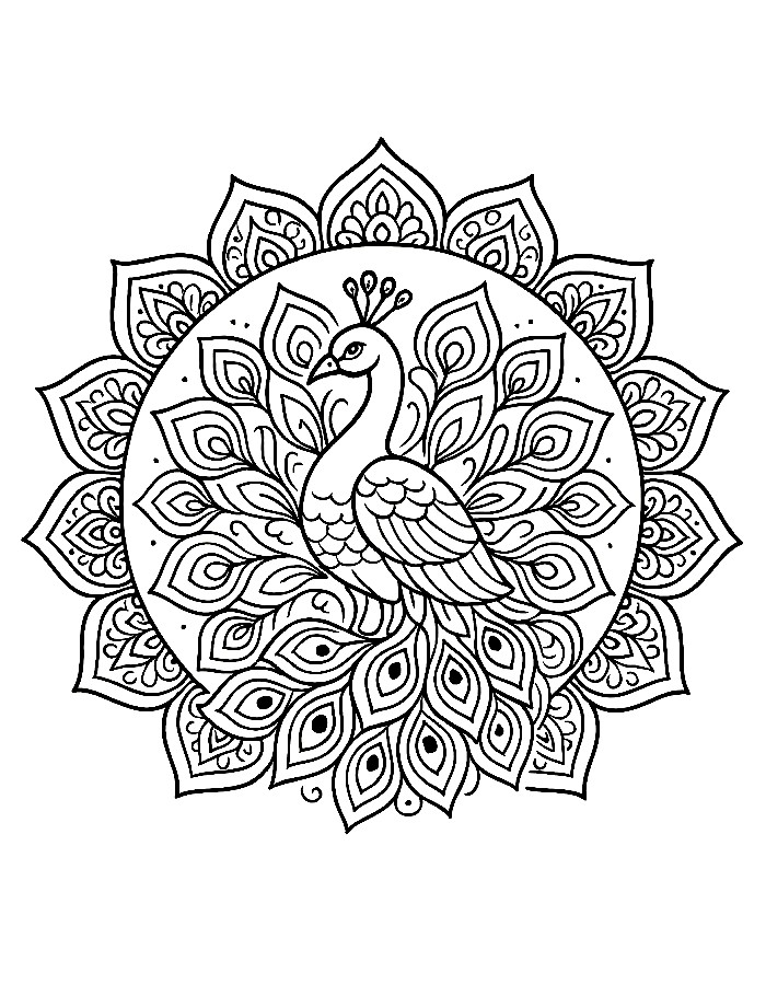 Monday Mandala Featuring A Beautiful Peacock With Intricate Patterns Coloring Page