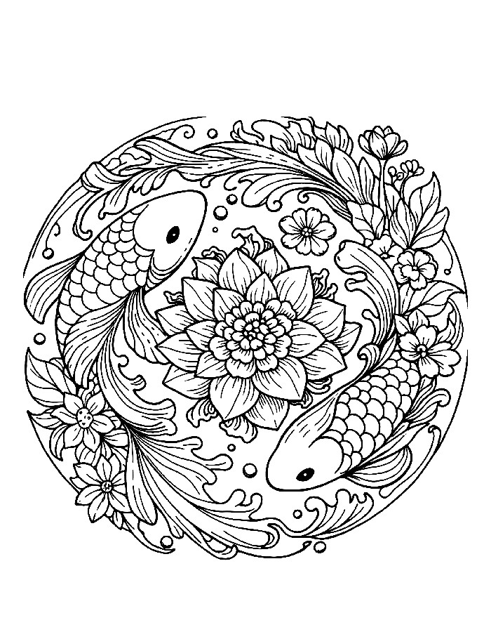 Monday Mandala With Koi Fish, Flowers, And Detailed Nature-inspired Patterns Coloring Page