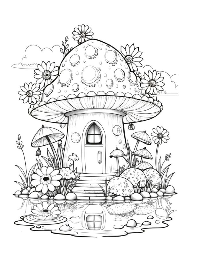 Mushroom Village Mushroom House Coloring Page