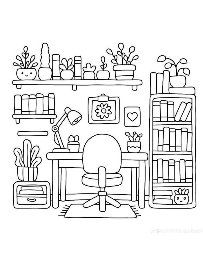 Pretty Cozy Study Room With Bookshelves Coloring Page