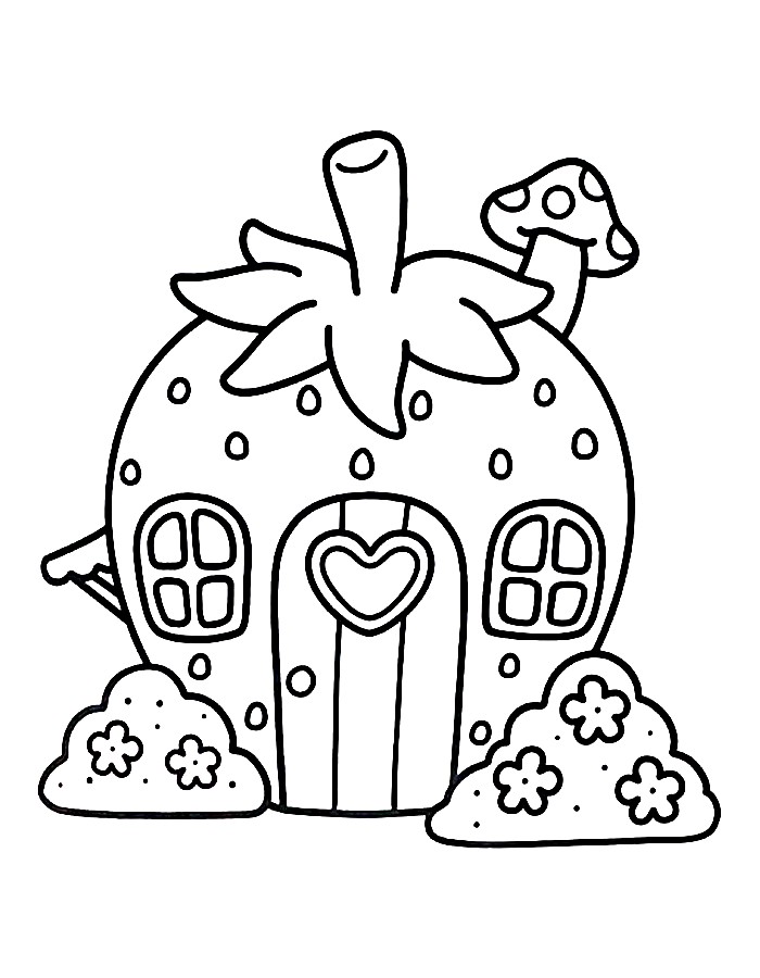 Print A Cute Strawberry Cottage With Flowers And Whimsical Details Coloring Page