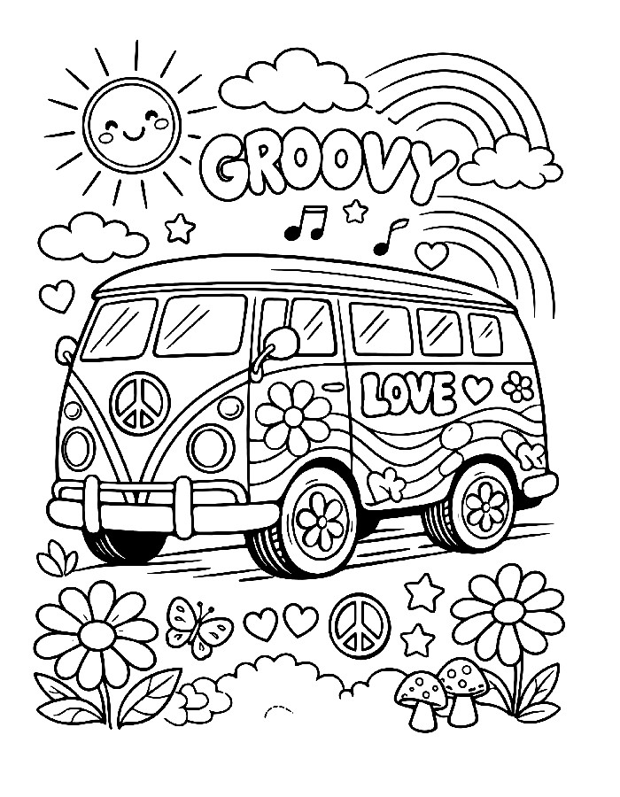 Print A Groovy Hippie Van With Peace Signs, Flowers, And Rainbow Vibes Coloring Page