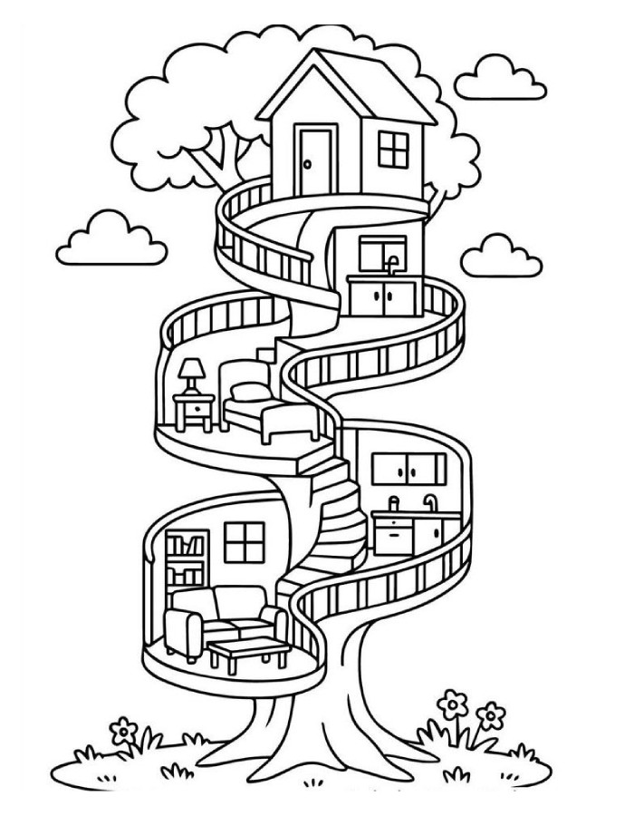 Print A Magical Treehouse With Winding Staircases Coloring Page