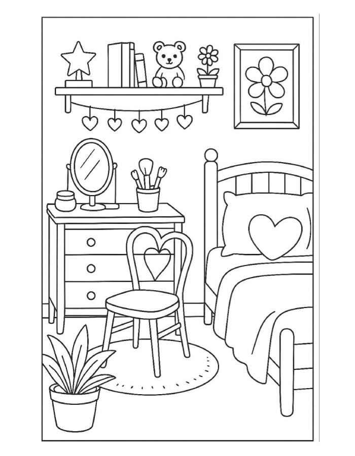 Print Featuring A Cozy Bedroom With Cute Decor And Furniture Coloring Page