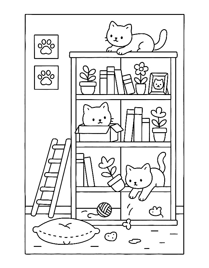 Print Playful Kittens Climbing And Relaxing On A Cozy Bookshelf Coloring Page