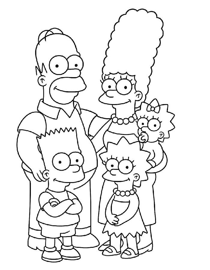 Print The Simpsons Family Featuring Homer, Marge, Bart, Lisa, And Maggie Together Coloring Page