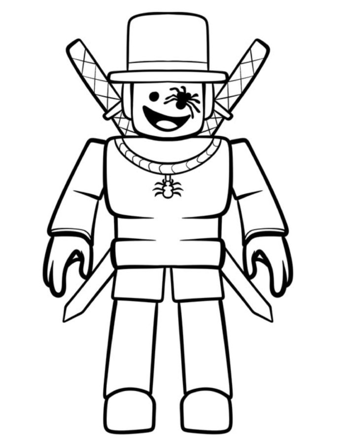 Roblox Character With A Top Hat, Crossed Swords, And Spider Details Coloring Page