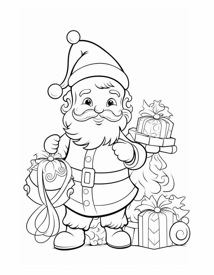 Santa And Christmas Presents Coloring Page