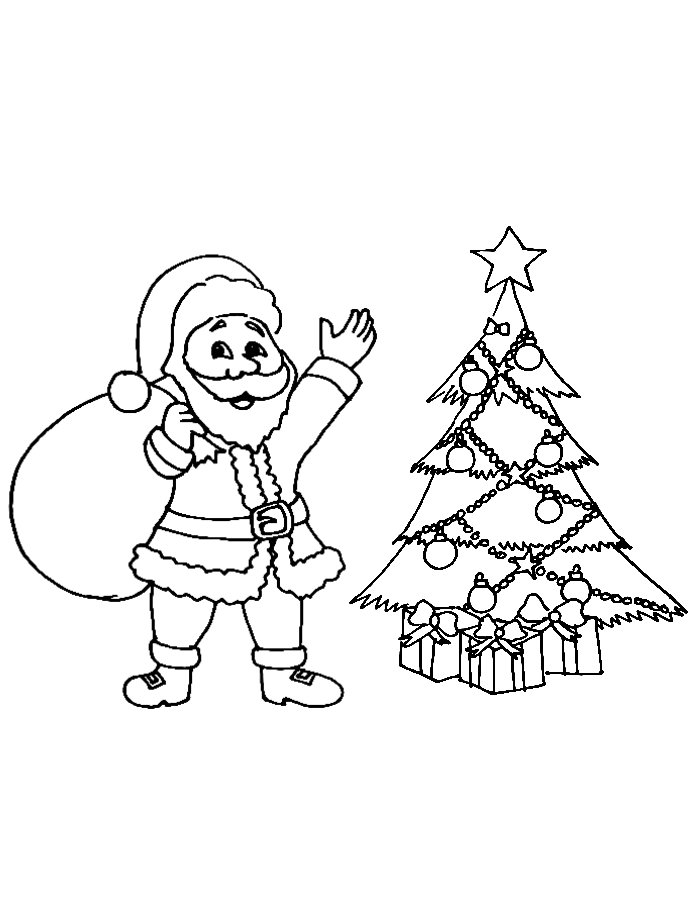 Santa Claus With Christmas Tree Coloring Page