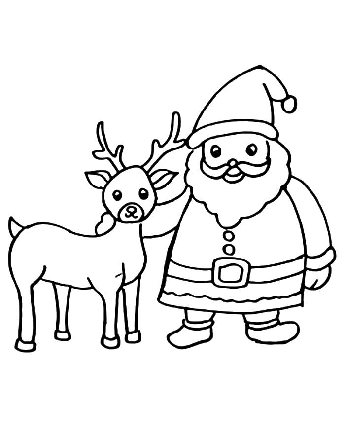 Santa Claus With Deer For Kids Coloring Page