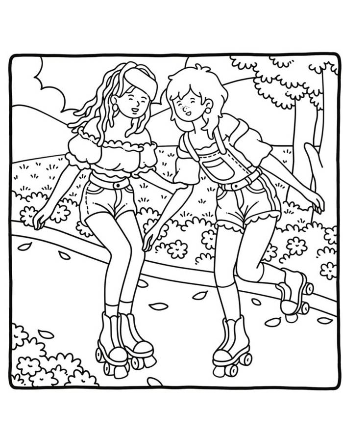 Skating Fun Together Friendship Coloring Page