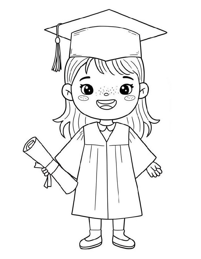Smiling Little Girl Wearing A Cap And Gown While Holding A Diploma Coloring Page