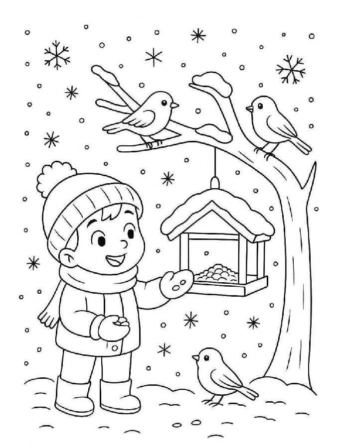 Snowy Scene With A Child And Birds Coloring Page