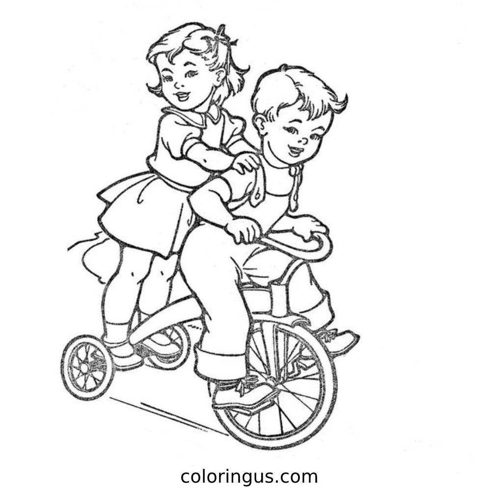 Children Biking Summer Fun Coloring Page