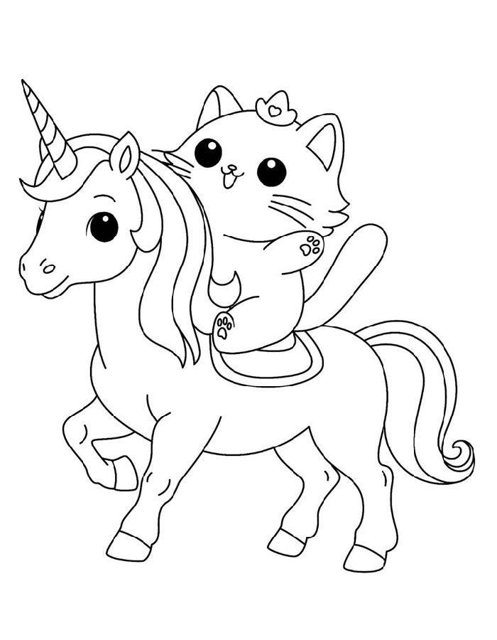 The Cute Cat Is Riding A Unicorn Coloring Page