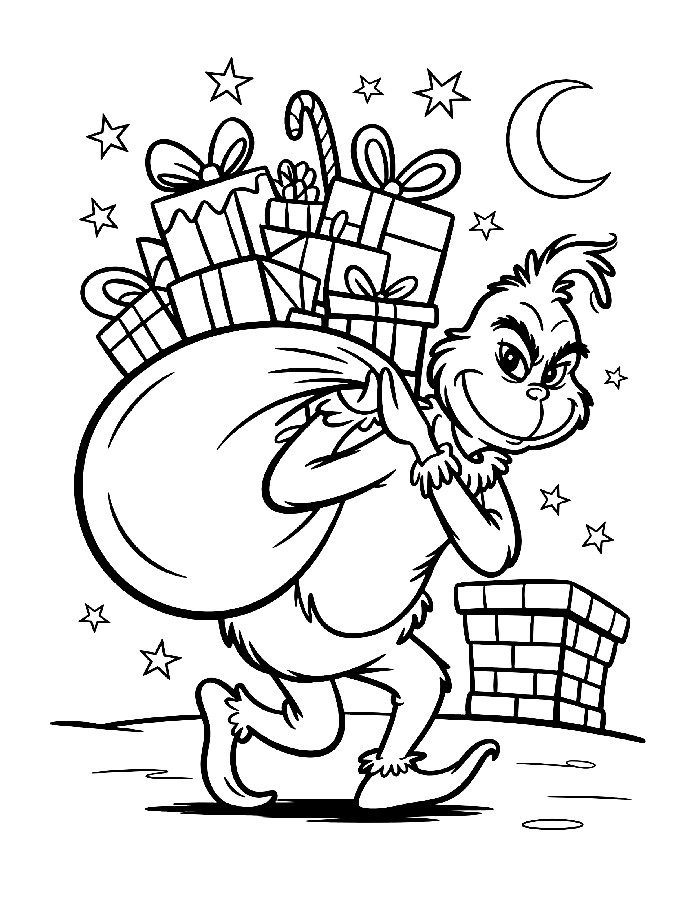 The Grinch Carrying A Giant Sack Of Presents Under The Night Sky Coloring Page
