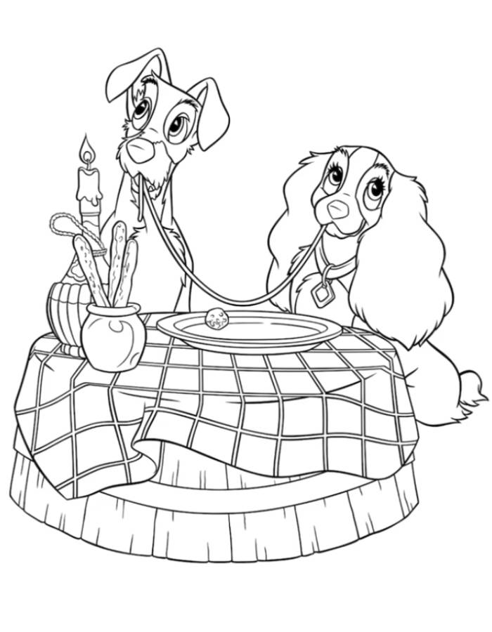 The Lady And The Tramp Having A Lovely Dinner Coloring Page