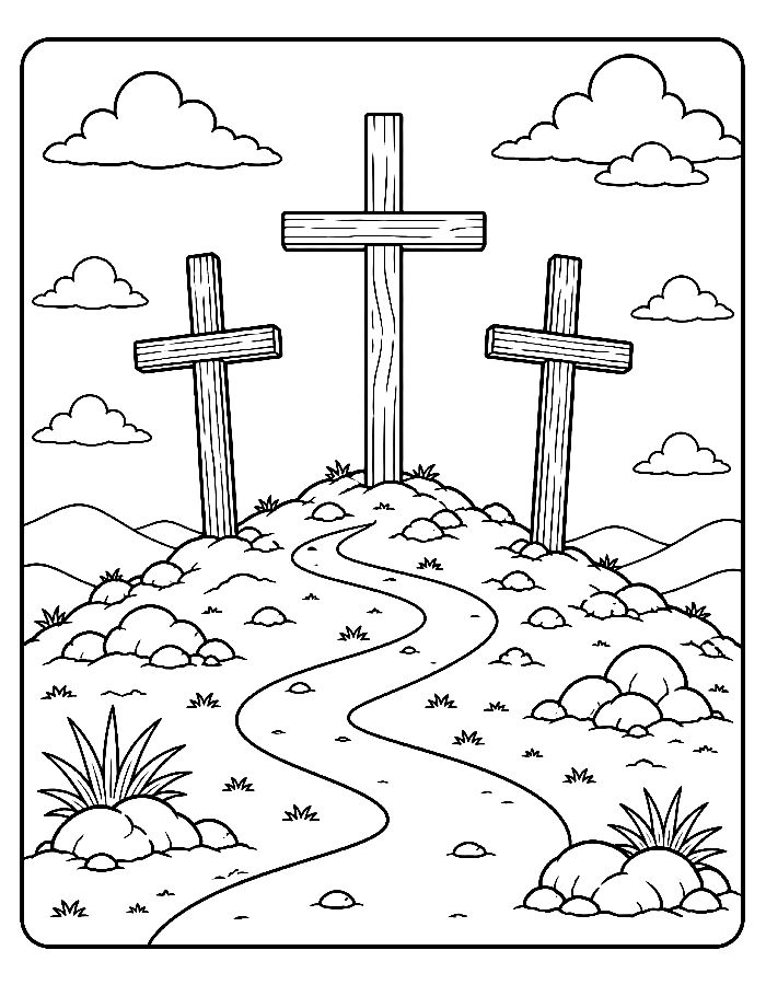 Three Crosses On Hill, Path Leading Coloring Page