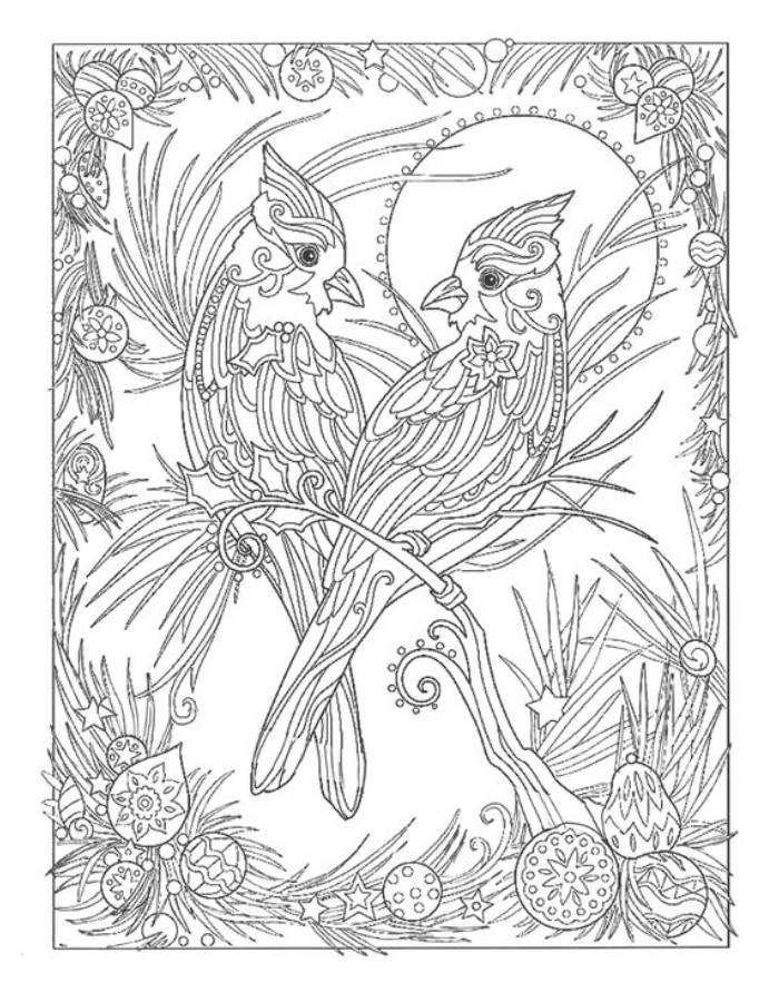 Trippy Christmas Cardinals Line Art Coloring Page