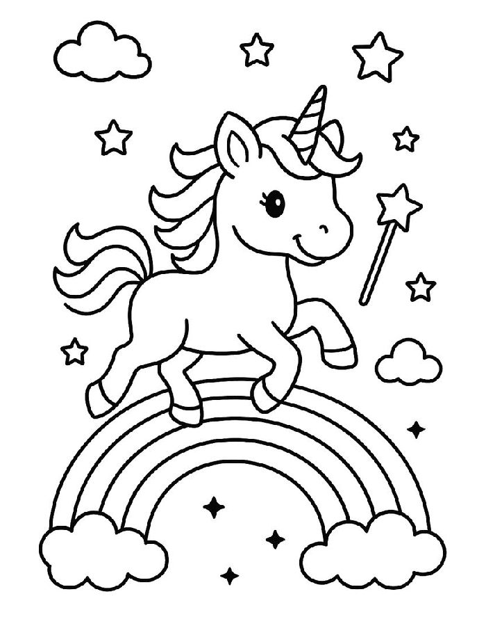 Unicorn On Rainbow Free Unicorn Coloring Page