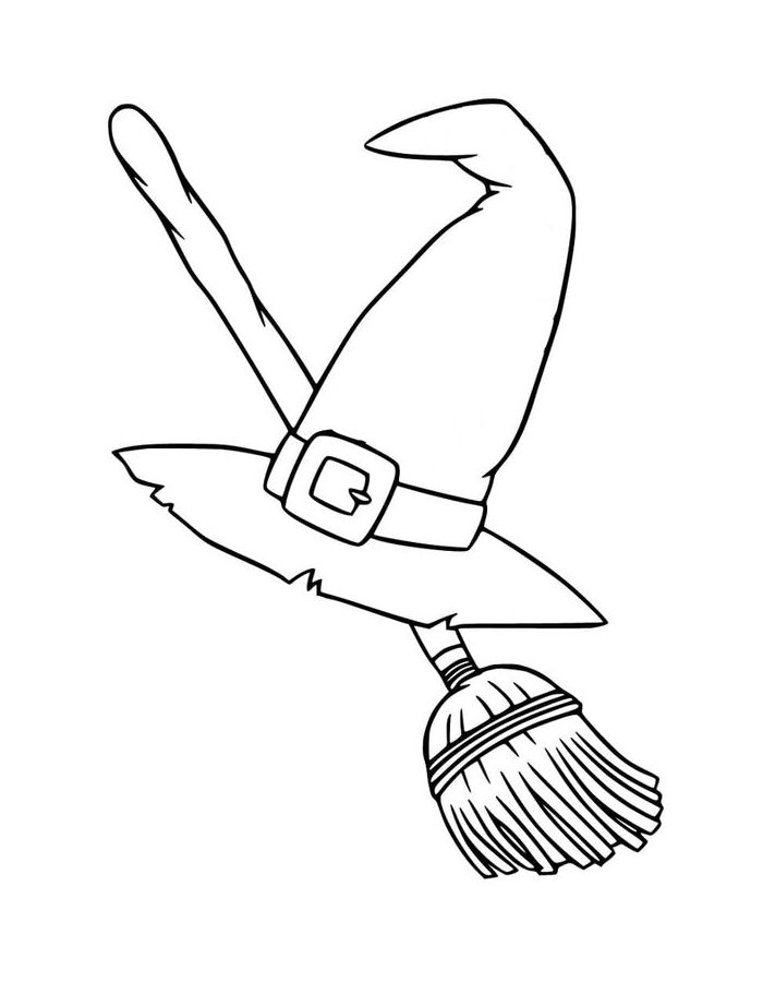 Witch Hat With Broom Coloring Page